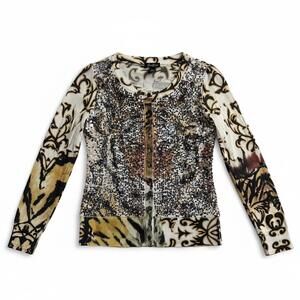 Cartise Sequin Tiger Print Zip Cardigan Top Size M Baroque Animal Statement